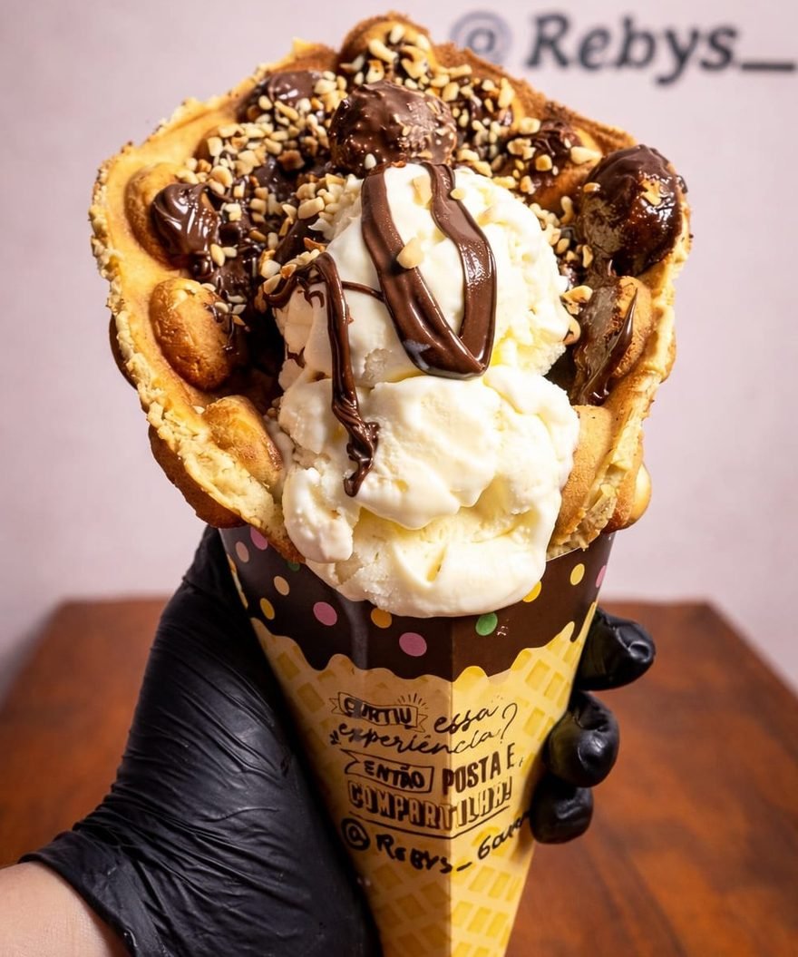 Bubble waffle da Reby's com sorvete, Nutella e toppings